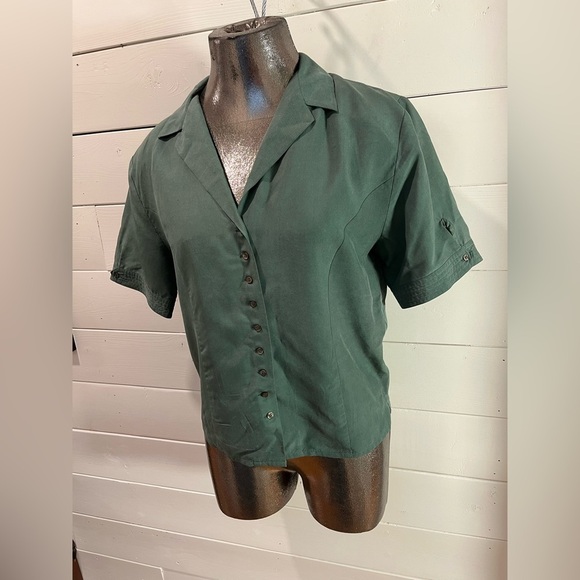 💚 JACOB – Green -Vintage 100% Silk Blouse with Shoulder Pads – Size M - Picture 7 of 11
